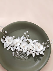 Peigne Accessoire Mariage Fleur et Feuille Argentée