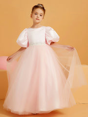 Robe de Fille Ball-Gown à Col en Scoop avec Longueur au Sol Rose Pâle