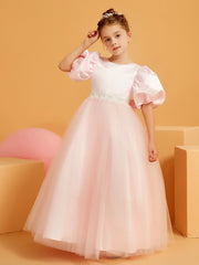 Robe de Fille Ball-Gown à Col en Scoop avec Longueur au Sol Rose Pâle