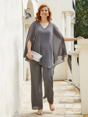 Pantsuit à Manches Flottantes Top en Mousseline Gris Acier Grande Taille