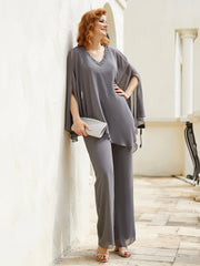 Pantsuit à Manches Flottantes Top en Mousseline Gris Acier Grande Taille