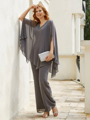 Pantsuit à Manches Flottantes Top en Mousseline Gris Acier