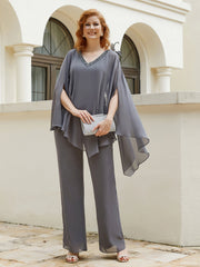 Pantsuit à Manches Flottantes Top en Mousseline Gris Acier Grande Taille