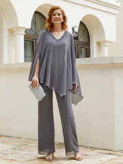 Pantsuit à Manches Flottantes Top en Mousseline Gris Acier Grande Taille