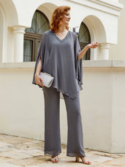 Pantsuit à Manches Flottantes Top en Mousseline Gris Acier