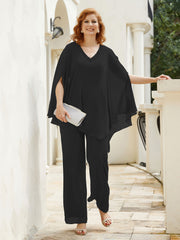 Pantsuit à Manches Flottantes Top en Mousseline Noir Grande Taille