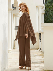 Pantsuit à Manches Flottantes Top en Mousseline Brun Grande Taille