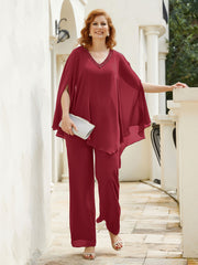 Pantsuit à Manches Flottantes Top en Mousseline Bordeaux