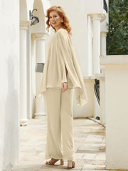 Pantsuit à Manches Flottantes Top en Mousseline Champagne Grande Taille