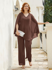 Pantsuit à Manches Flottantes Top en Mousseline Chocolat Grande Taille