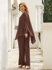 Pantsuit à Manches Flottantes Top en Mousseline Chocolat Grande Taille