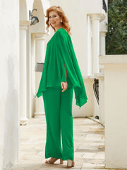 Pantsuit à Manches Flottantes Top en Mousseline Emeraude Grande Taille