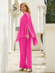 Pantsuit à Manches Flottantes Top en Mousseline Fuchsia