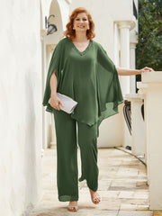 Pantsuit à Manches Flottantes Top en Mousseline Olive Verte Grande Taille