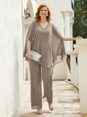 Pantsuit à Manches Flottantes Top en Mousseline Taupe