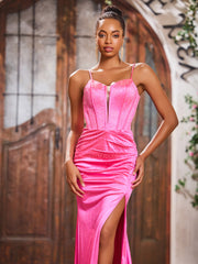 Maxi Robe Fourreau en Satin Extensible à Bretelles Spaghetti avec Fente Azalée