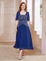 Robe à Encolure Carrée en Mousseline Longueur de Mollet avec Perles Bleu Marine Clair Grande Taille