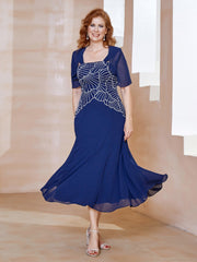 Robe à Encolure Carrée en Mousseline Longueur de Mollet avec Perles Bleu Marine Clair