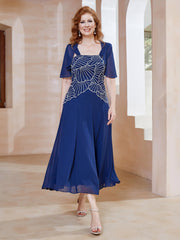 Robe à Encolure Carrée en Mousseline Longueur de Mollet avec Perles Bleu Marine Clair