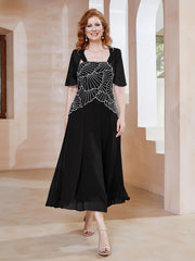 Robe à Encolure Carrée en Mousseline Longueur de Mollet avec Perles Noir