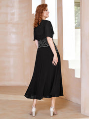Robe à Encolure Carrée en Mousseline Longueur de Mollet avec Perles Noir