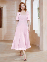 Robe à Encolure Carrée en Mousseline Longueur de Mollet avec Perles Rose Pâle