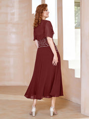 Robe à Encolure Carrée en Mousseline Longueur de Mollet avec Perles Bordeaux Grande Taille