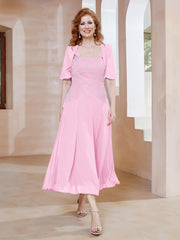 Robe à Encolure Carrée en Mousseline Longueur de Mollet avec Perles Rose Bonbon Grande Taille