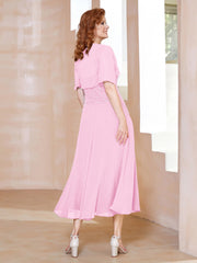 Robe à Encolure Carrée en Mousseline Longueur de Mollet avec Perles Rose Bonbon Grande Taille