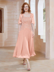 Robe à Encolure Carrée en Mousseline Longueur de Mollet avec Perles Corail Grande Taille