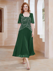 Robe à Encolure Carrée en Mousseline Longueur de Mollet avec Perles Vert Foncé
