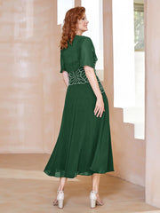 Robe à Encolure Carrée en Mousseline Longueur de Mollet avec Perles Vert Foncé