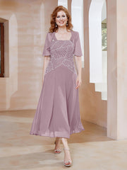 Robe à Encolure Carrée en Mousseline Longueur de Mollet avec Perles Dusk