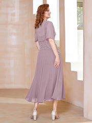 Robe à Encolure Carrée en Mousseline Longueur de Mollet avec Perles Dusk