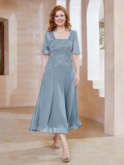 Robe à Encolure Carrée en Mousseline Longueur de Mollet avec Perles Bleu Poudré Grande Taille