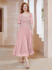 Robe à Encolure Carrée en Mousseline Longueur de Mollet avec Perles Rose Poudré Grande Taille