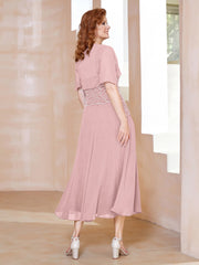 Robe à Encolure Carrée en Mousseline Longueur de Mollet avec Perles Rose Poudré