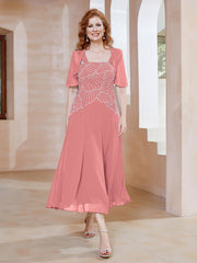 Robe à Encolure Carrée en Mousseline Longueur de Mollet avec Perles Flamant Grande Taille