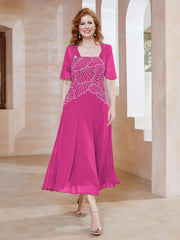 Robe à Encolure Carrée en Mousseline Longueur de Mollet avec Perles Fuchsia