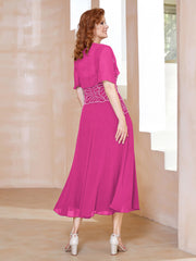 Robe à Encolure Carrée en Mousseline Longueur de Mollet avec Perles Fuchsia Grande Taille