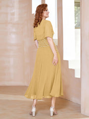 Robe à Encolure Carrée en Mousseline Longueur de Mollet avec Perles Or Grande Taille