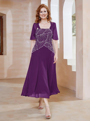 Robe à Encolure Carrée en Mousseline Longueur de Mollet avec Perles Raisin Grande Taille
