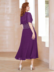 Robe à Encolure Carrée en Mousseline Longueur de Mollet avec Perles Raisin Grande Taille