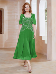 Robe à Encolure Carrée en Mousseline Longueur de Mollet avec Perles Vert Grande Taille