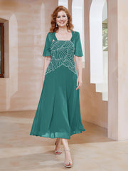 Robe à Encolure Carrée en Mousseline Longueur de Mollet avec Perles Jade
