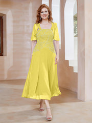Robe à Encolure Carrée en Mousseline Longueur de Mollet avec Perles Citron