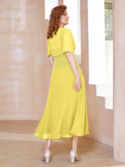 Robe à Encolure Carrée en Mousseline Longueur de Mollet avec Perles Citron