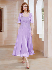 Robe à Encolure Carrée en Mousseline Longueur de Mollet avec Perles Lilas