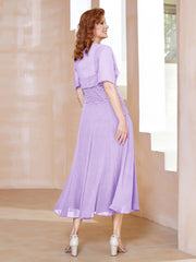 Robe à Encolure Carrée en Mousseline Longueur de Mollet avec Perles Lilas Grande Taille