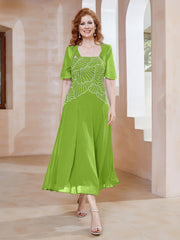 Robe à Encolure Carrée en Mousseline Longueur de Mollet avec Perles Vert Citron Grande Taille